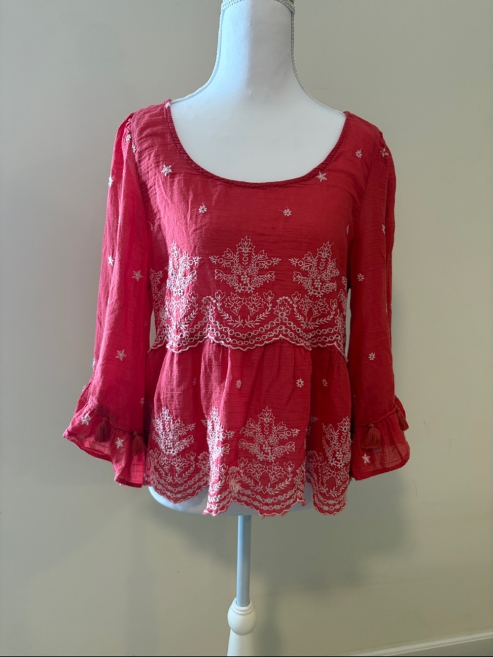 American Eagle Outfitters Red Embroidered Peasant Blouse